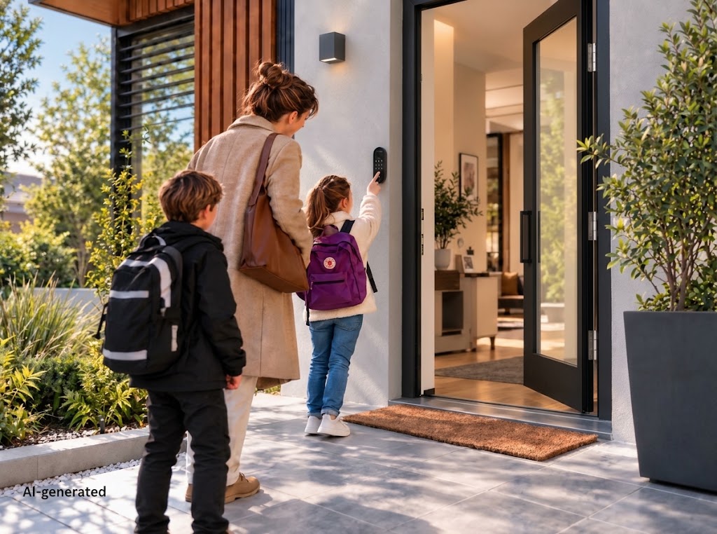 Familie vor einem modernen Zuhause